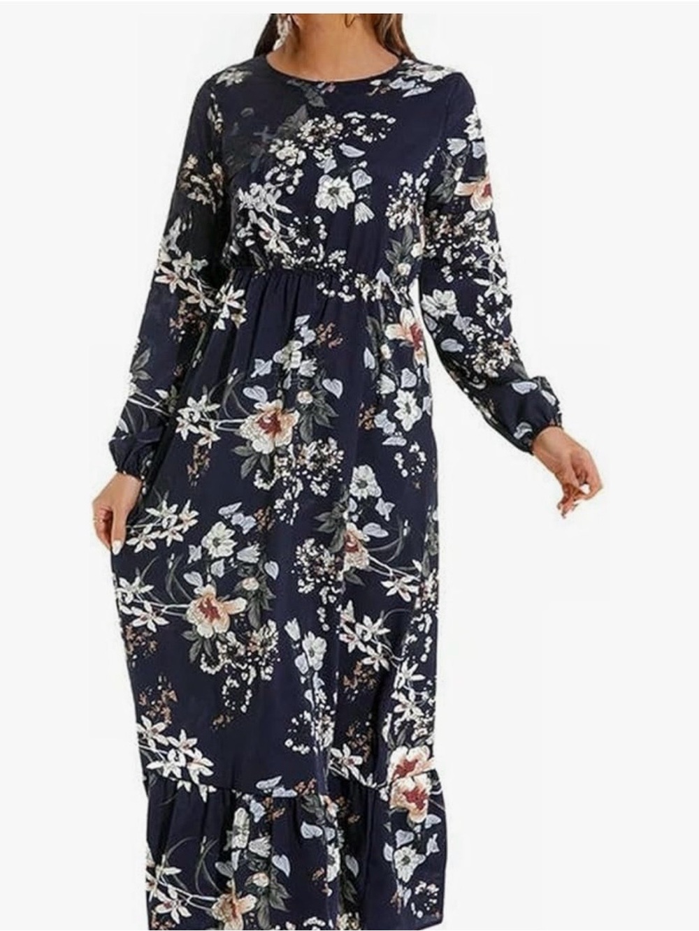 Simple Black Floral V‑Neck Maxi Dress with Pink and Cream Blooms